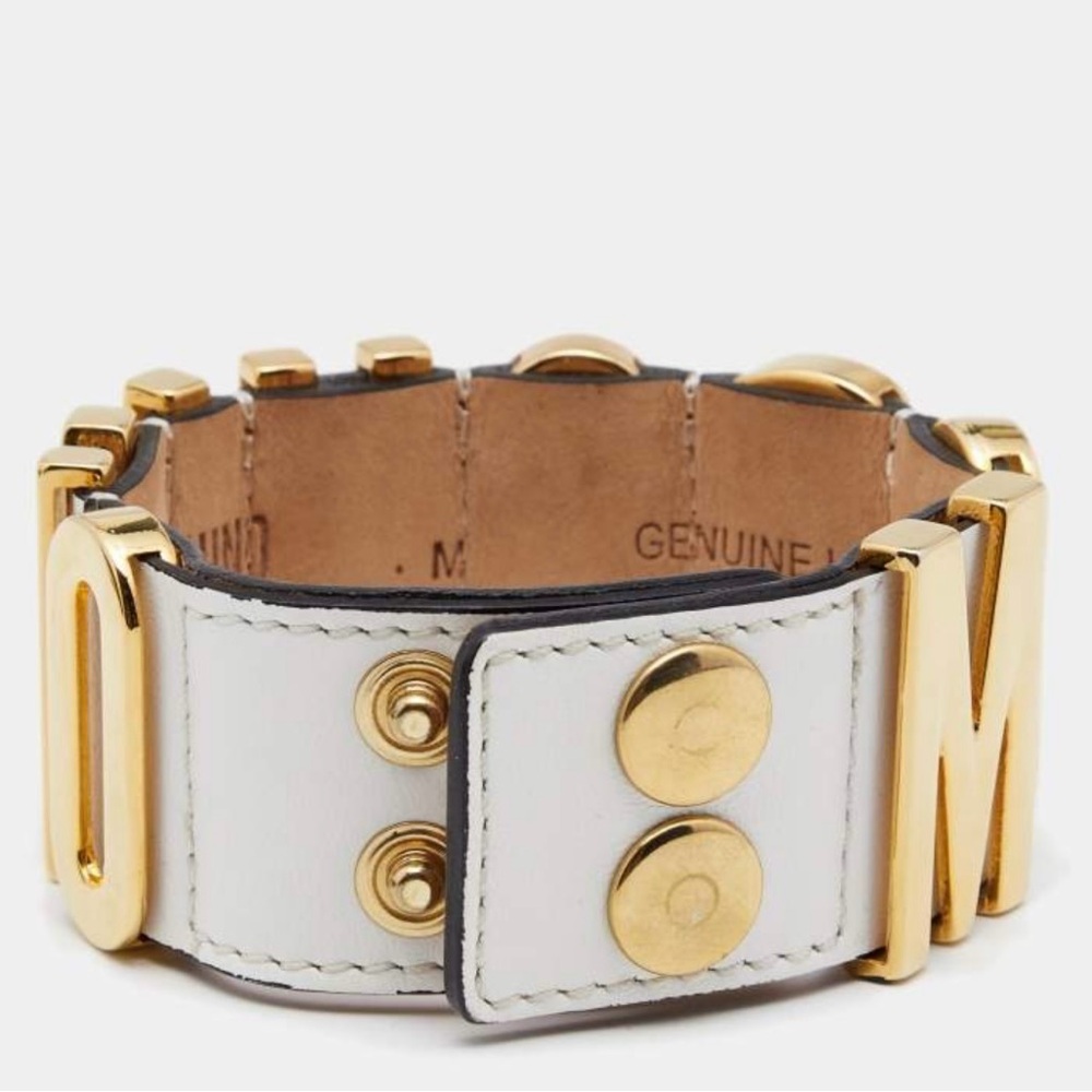 Moschino Logo Plaque White Leather Cuff Bracelet - Picture 3 of 10